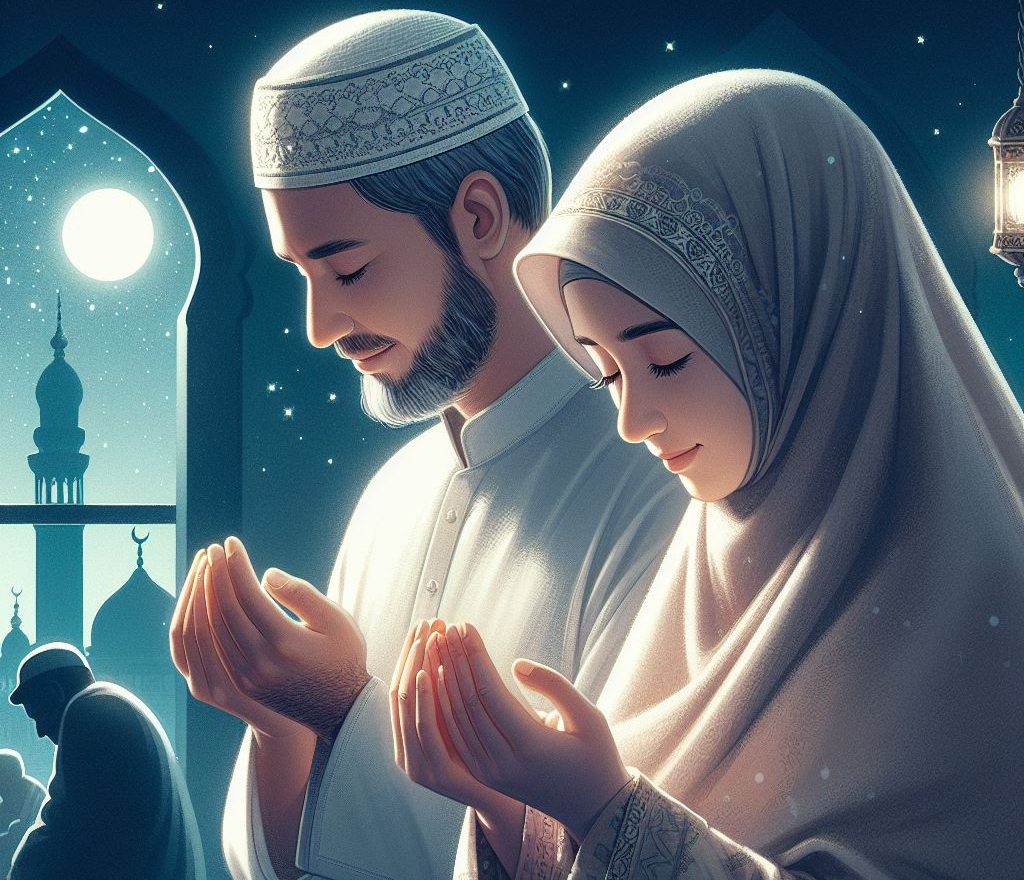 A muslim father and mother praying mid night , qisada ama awoodaha dikriga la hawla wala quwati ilaa  bilaah 